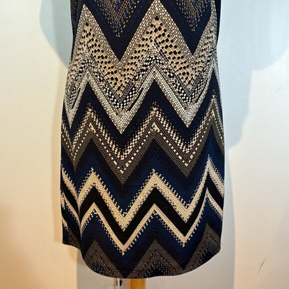 Chevron striped blue/brown/black zip back dress cap sleeves size large - Picture 3 of 10